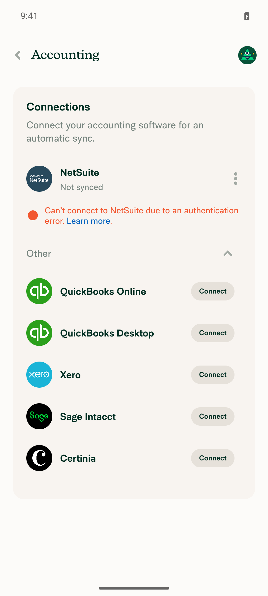 Workspace Accounting page showing NetSuite connection in 'Not synced' state with an authentication error banner