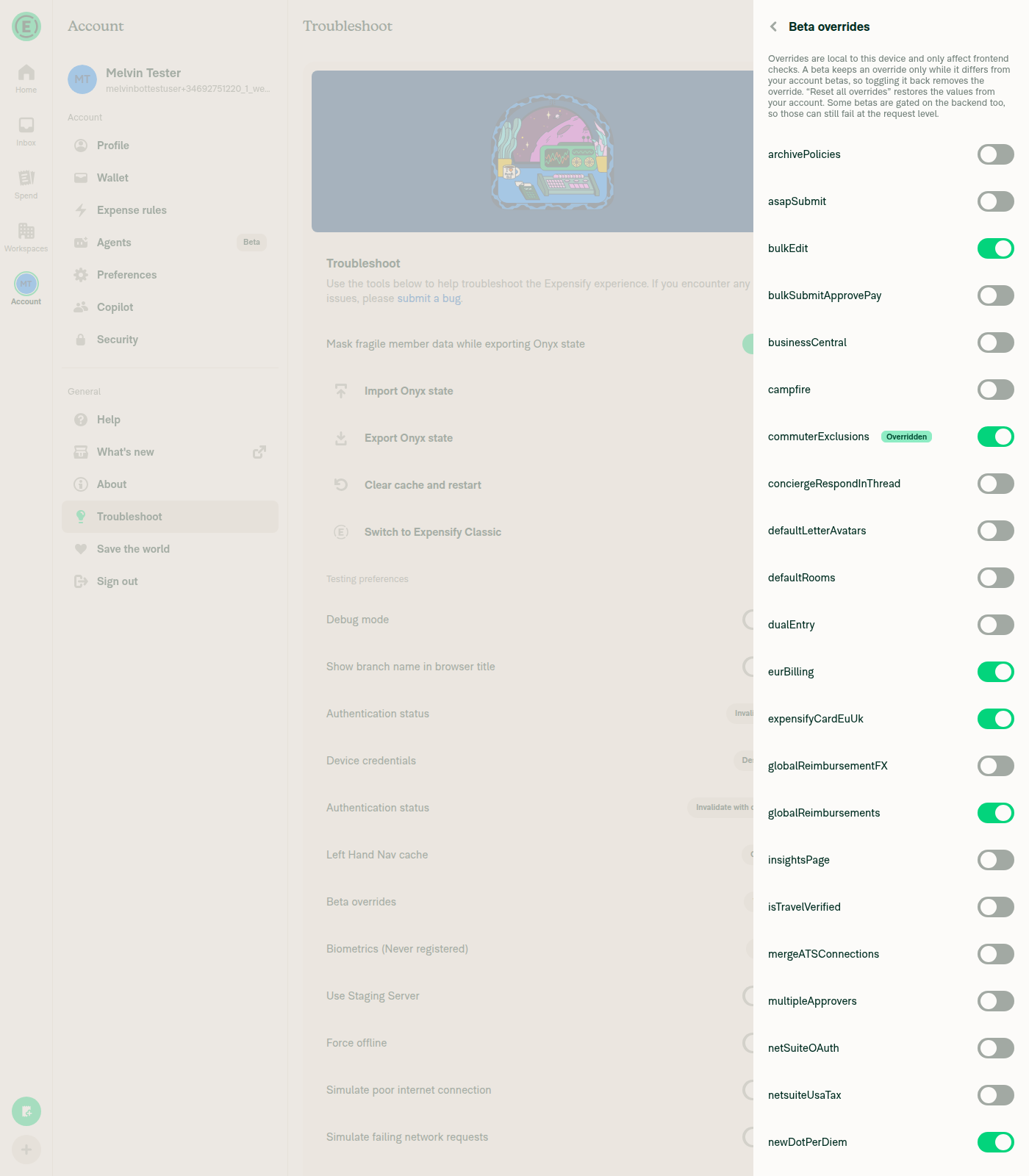 Beta overrides page with commuterExclusions toggled on and marked Overridden