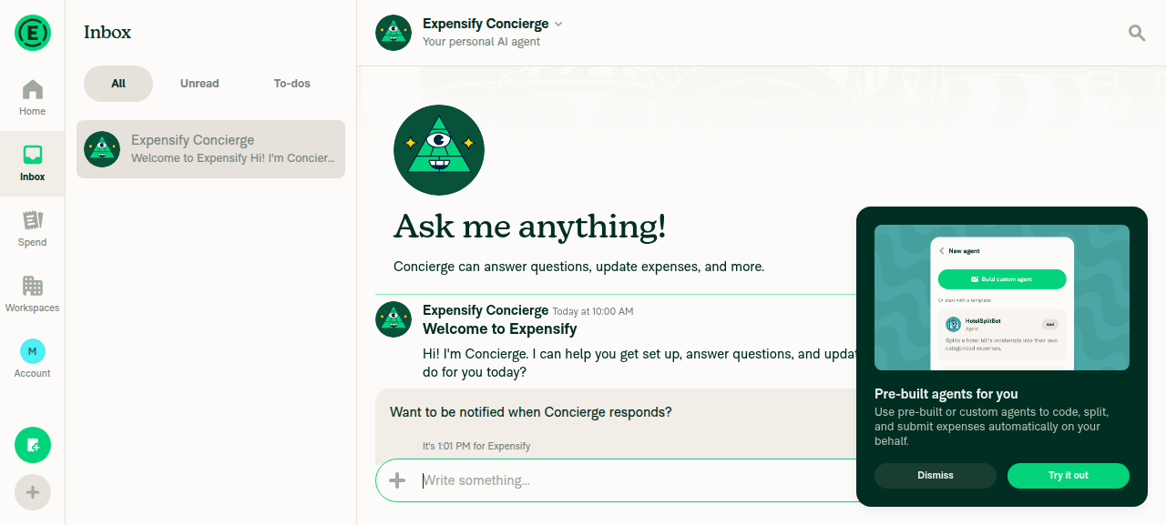 Concierge 1:1 chat with composer visible before opening actions menu