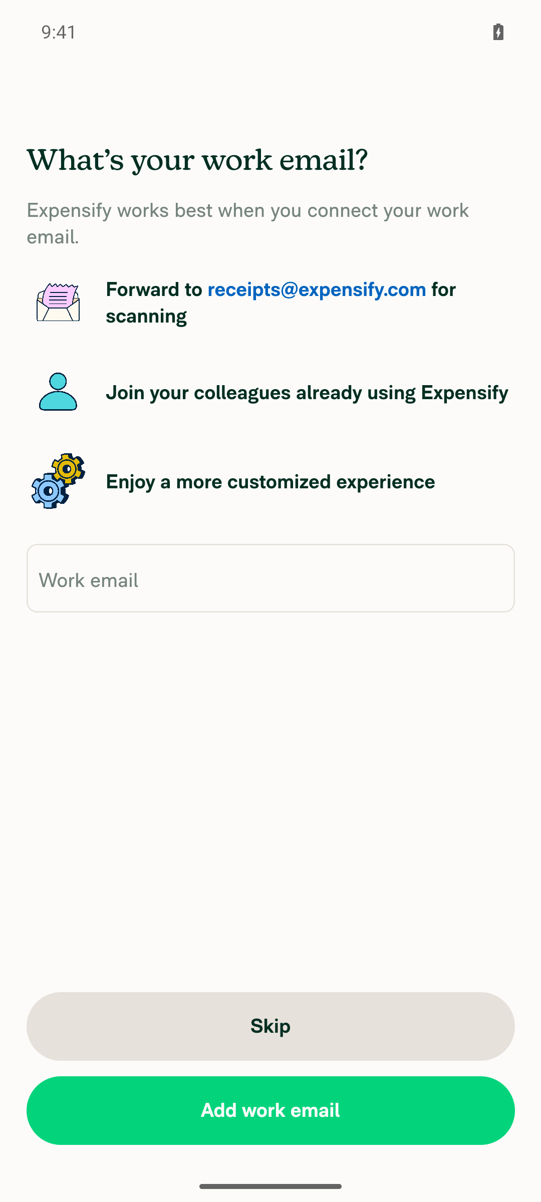 Onboarding What's your work email page with a non-public-domain email entered