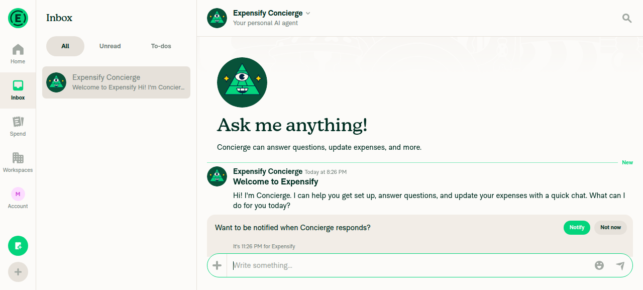 Inbox LHN showing single Expensify Concierge chat next to opened report
