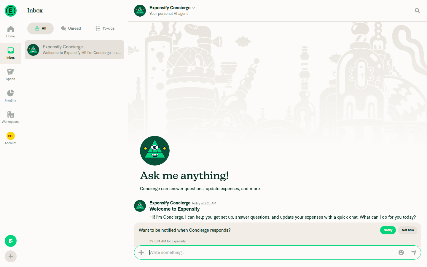 Inbox showing Concierge chat, no errors