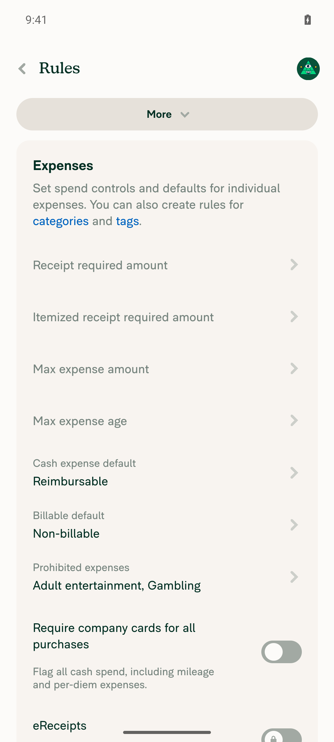 Rules > Expenses page before changes