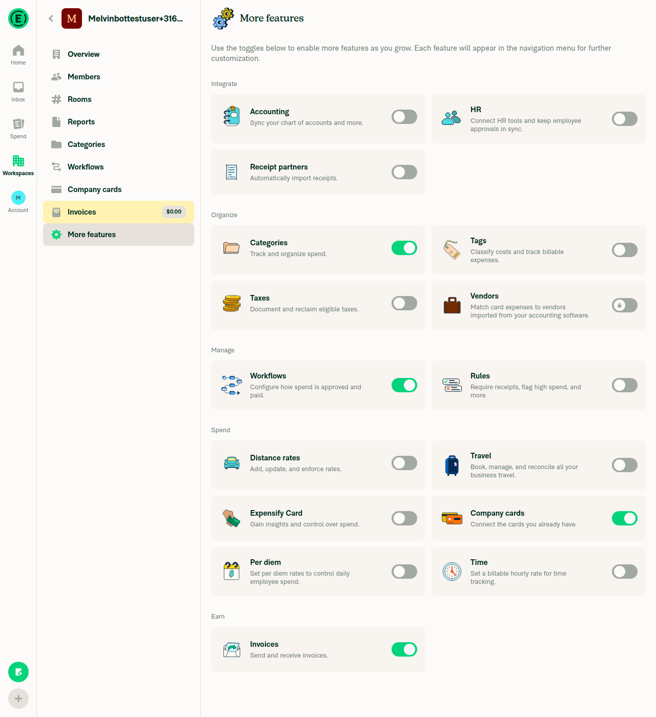 Invoices feature enabled, no bank account configured