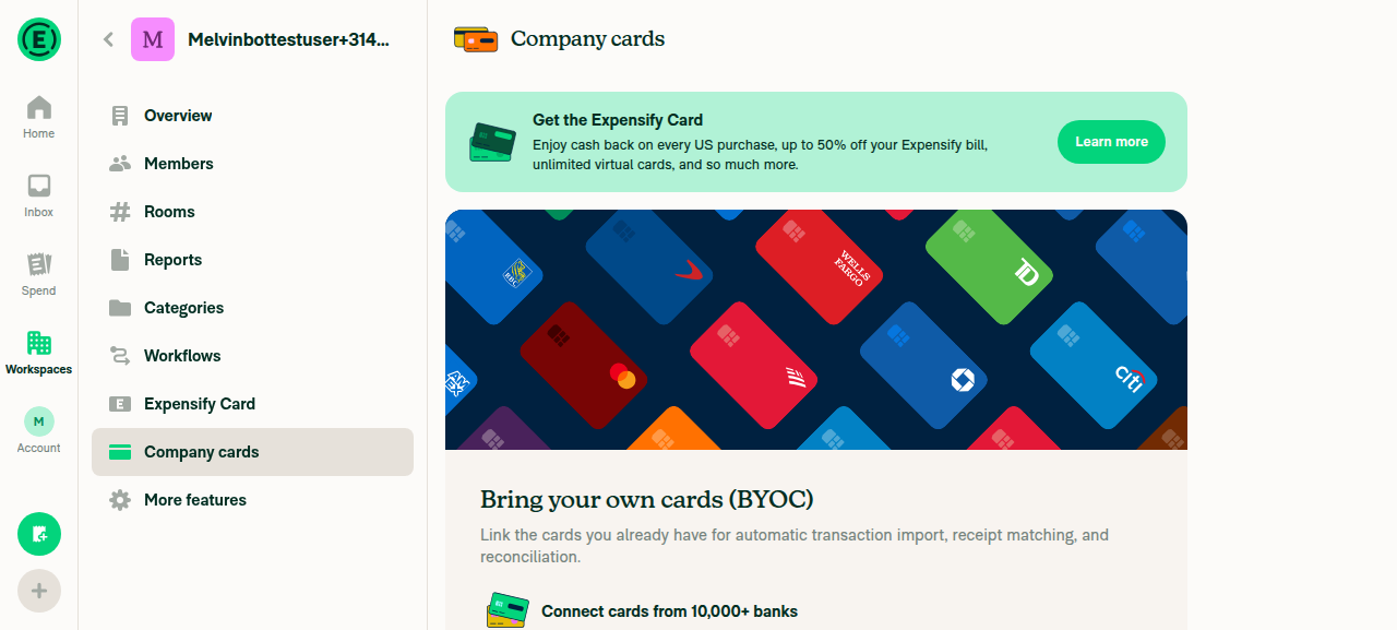 Company cards page for new workspace - only BYOC Add cards option, no existing feed