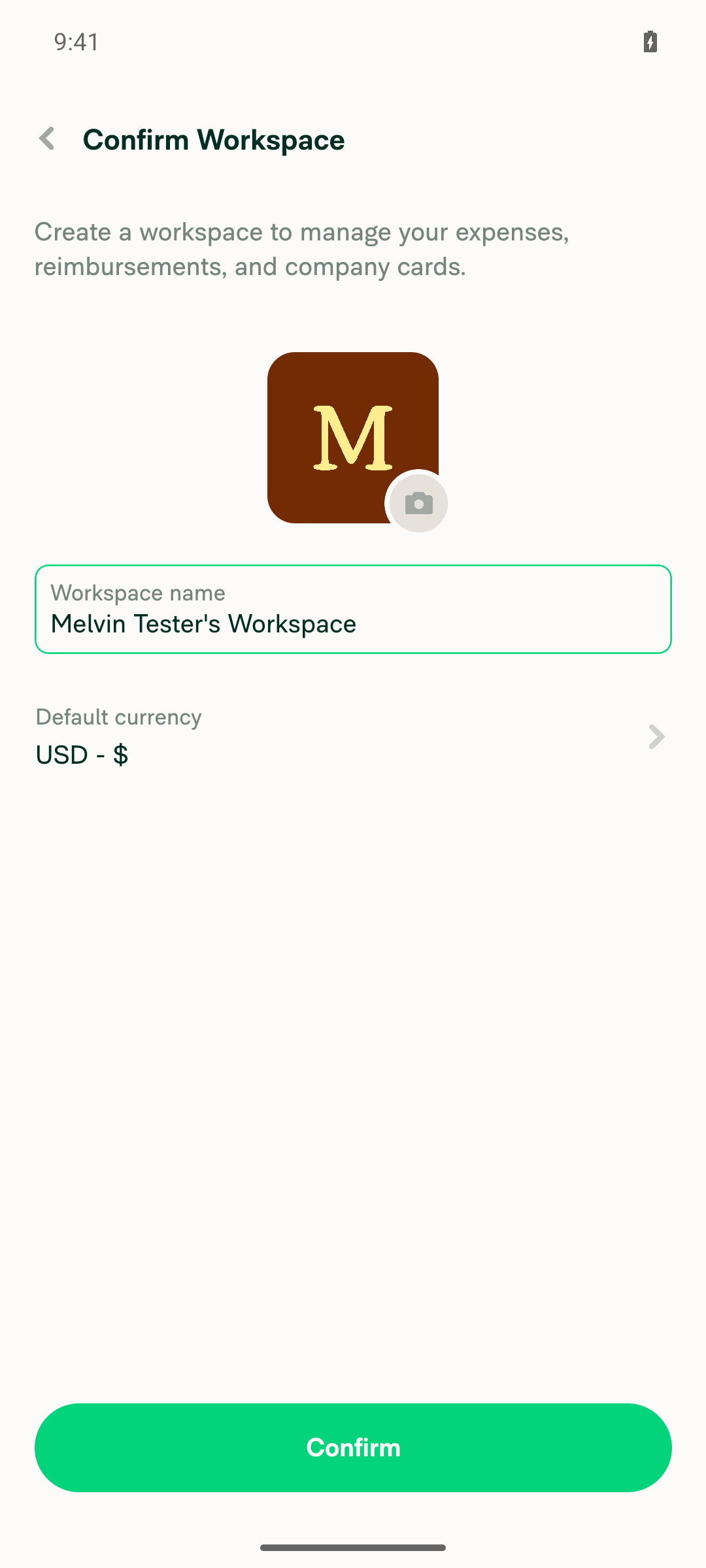 Confirm Workspace page opened from the Account tab via FAB > New workspace