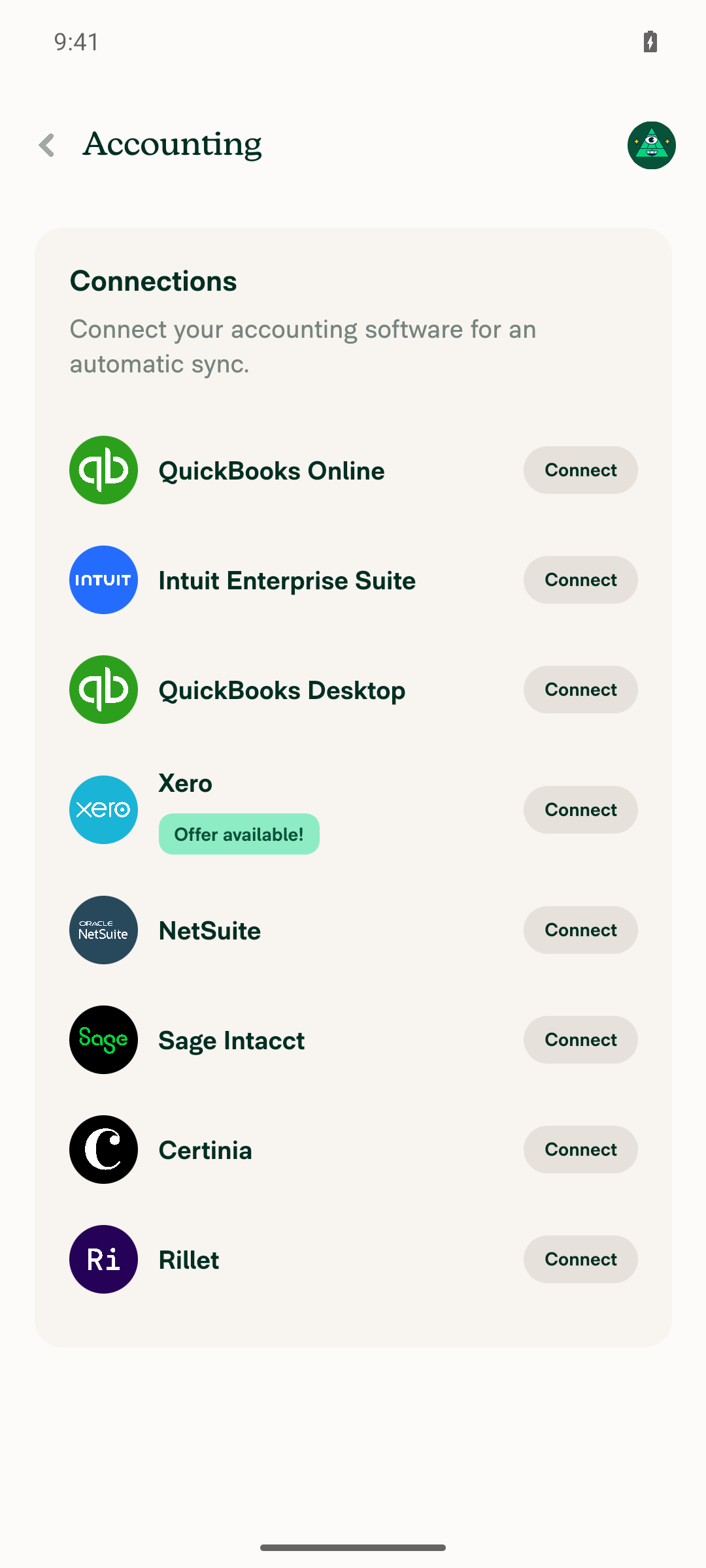 Workspace > Accounting > Connections list (QBO, Xero, Sage Intacct all unconnected)