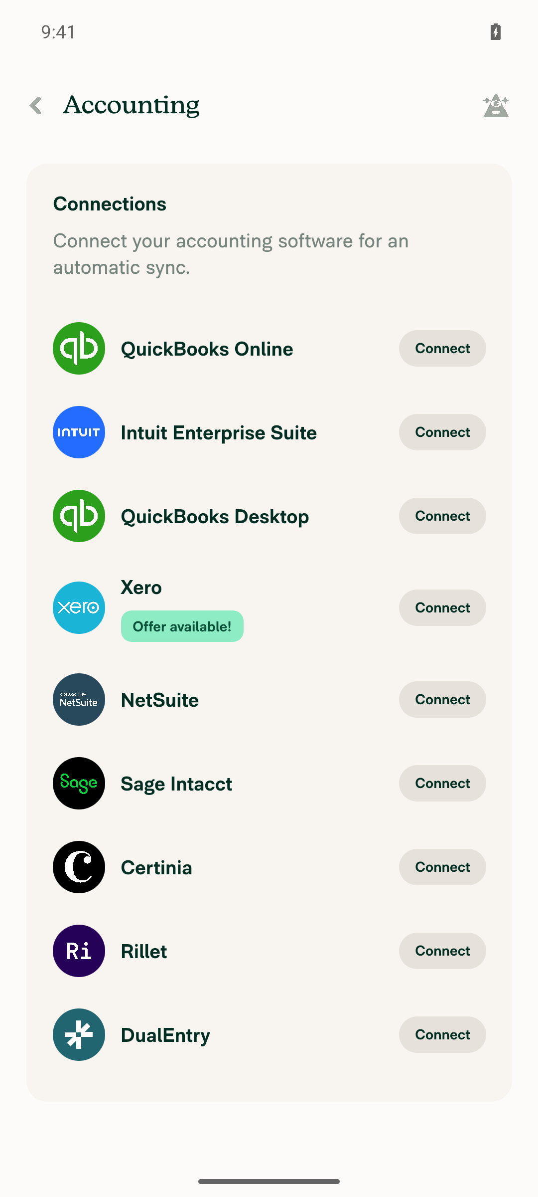 Accounting connections page showing only Connect buttons, no active QuickBooks Online connection
