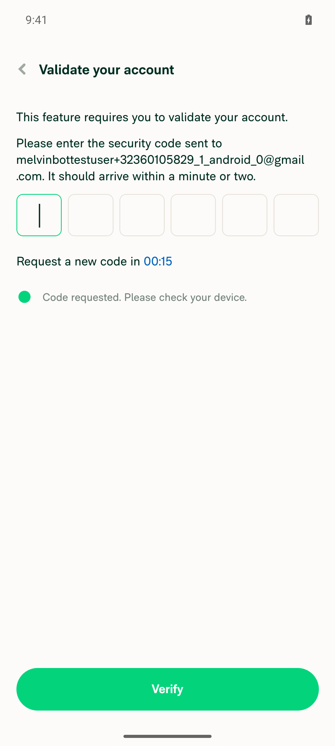 Account-validation security-code screen shown when tapping Add cards