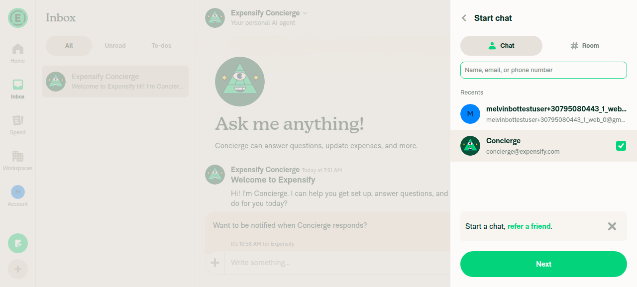 Concierge row selected via Add to group, checked checkbox and Next button visible