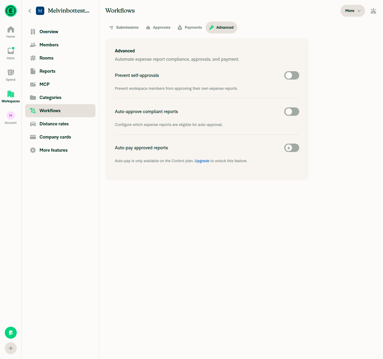 Workflows Advanced tab with three toggles on a Collect workspace