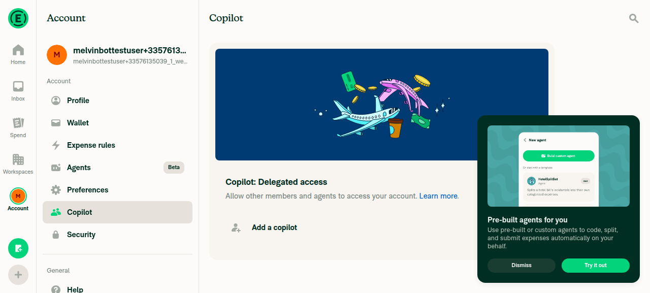 Copilot settings page showing Copilot: Delegated access heading and Add a copilot button, with no list search field