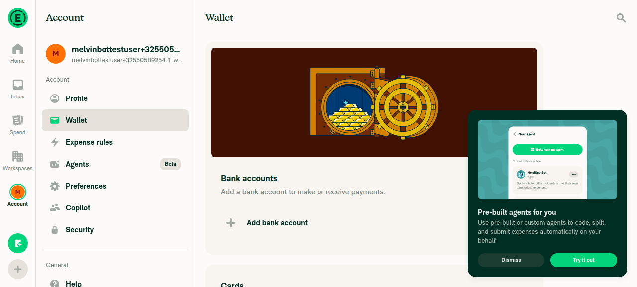 Wallet page showing empty Bank accounts section with only 'Add bank account'