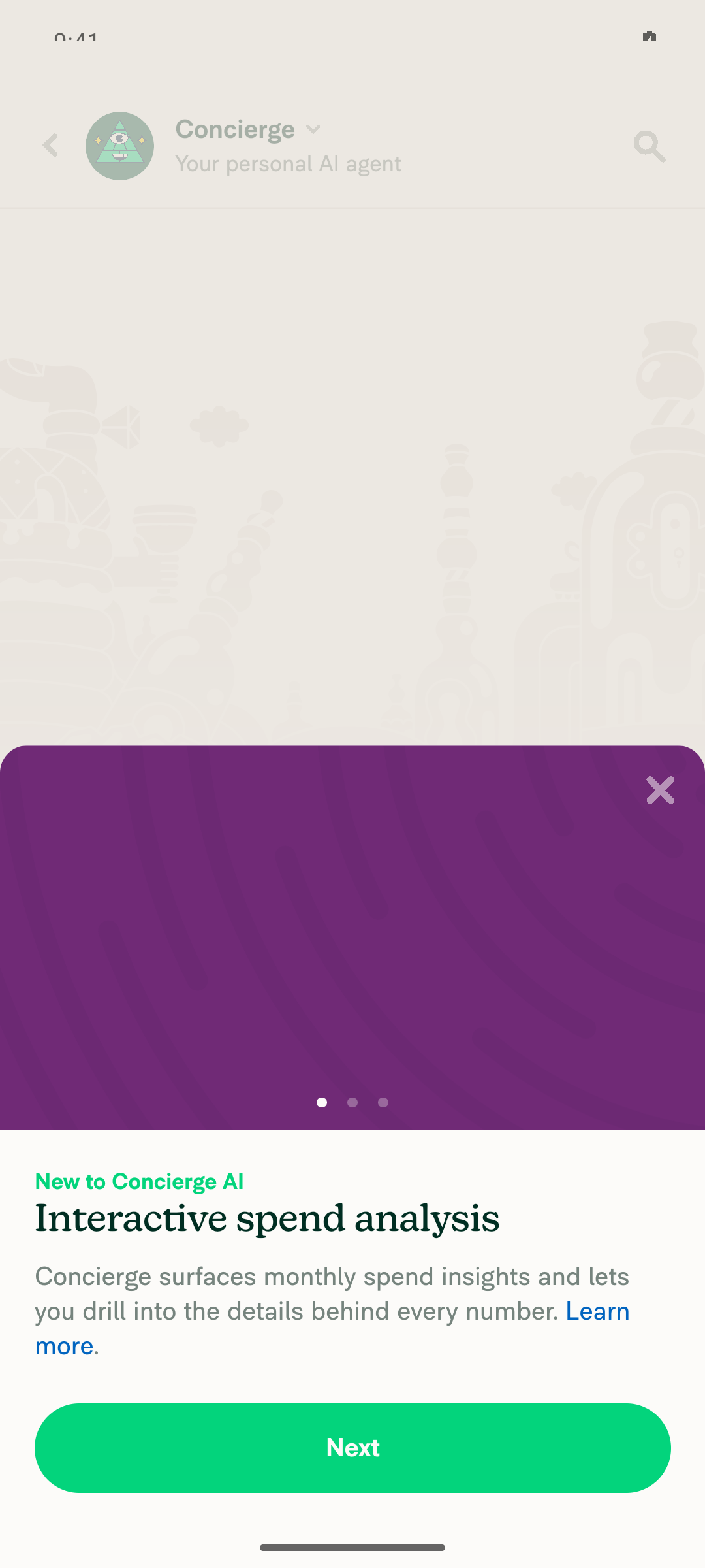 AI Features Promo modal open on top of the Concierge report (Android)