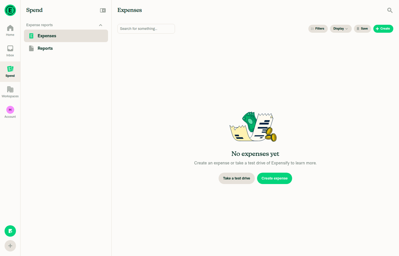 Spend > Expenses at 1400x900 showing the No expenses yet empty state - no transaction table, no Category/Tag/Date columns