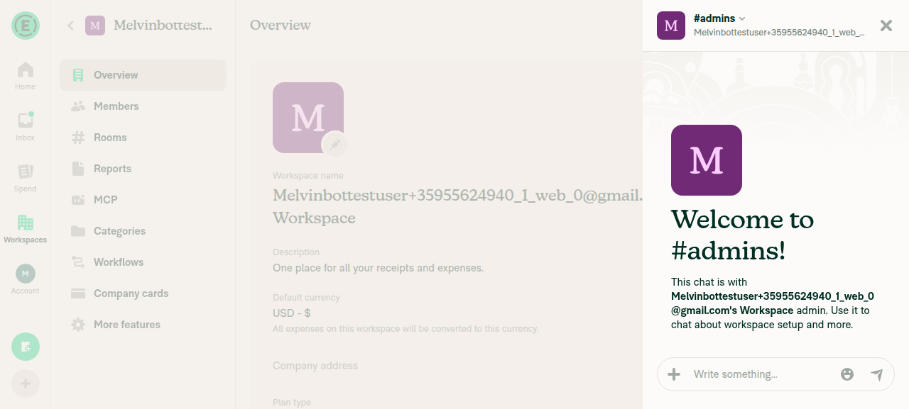 App loaded showing Workspace Overview and admin room, no errors