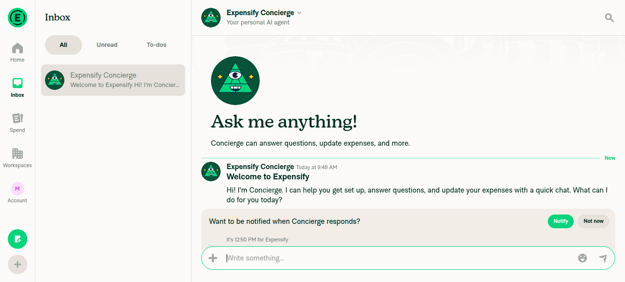 Concierge chat composer after the Add attachment file-picker step, showing no attachment staged