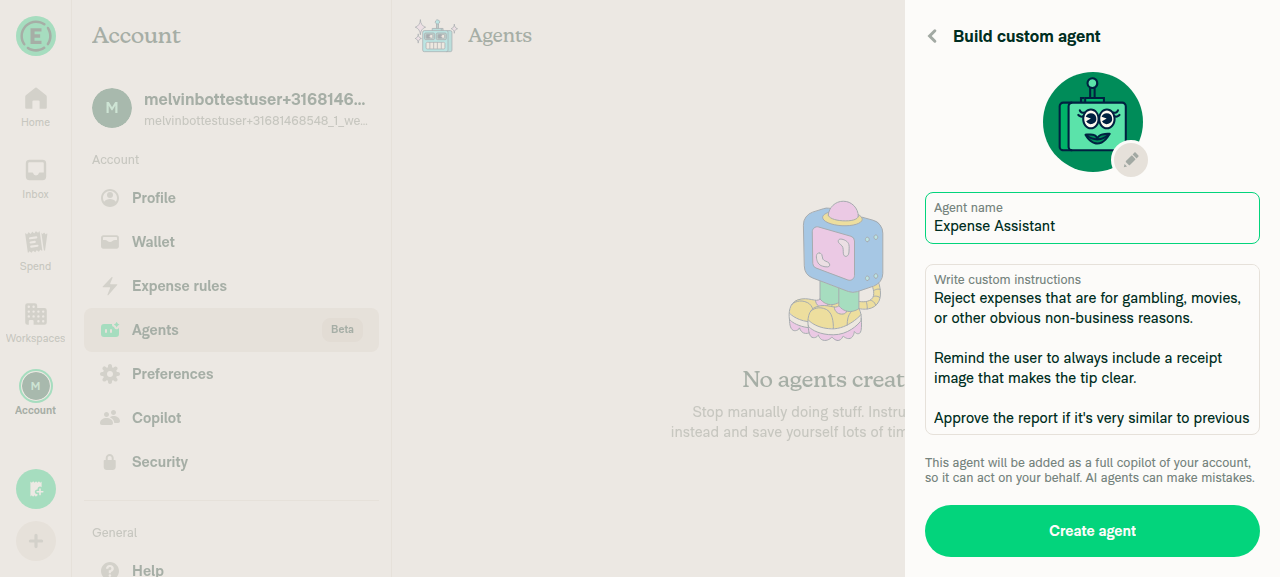 Build custom agent screen with Agent name set to Expense Assistant
