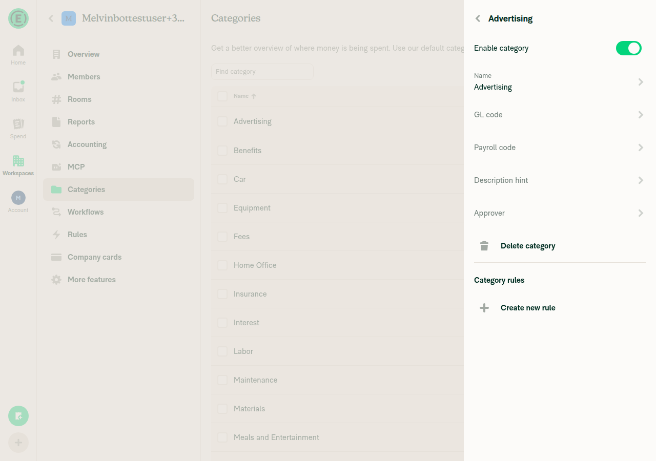 Advertising category detail panel showing the Description hint row