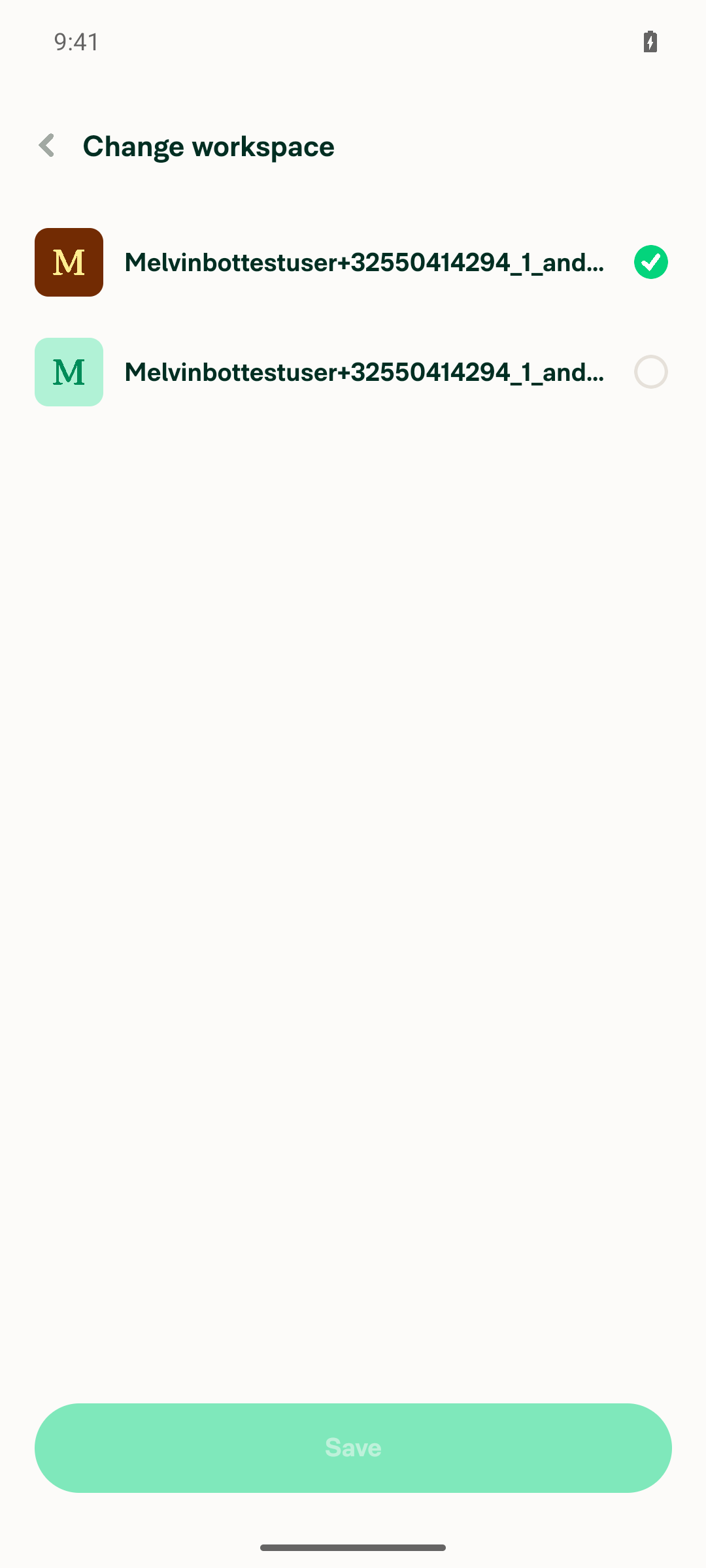 Change workspace picker open, Save disabled, current workspace checked