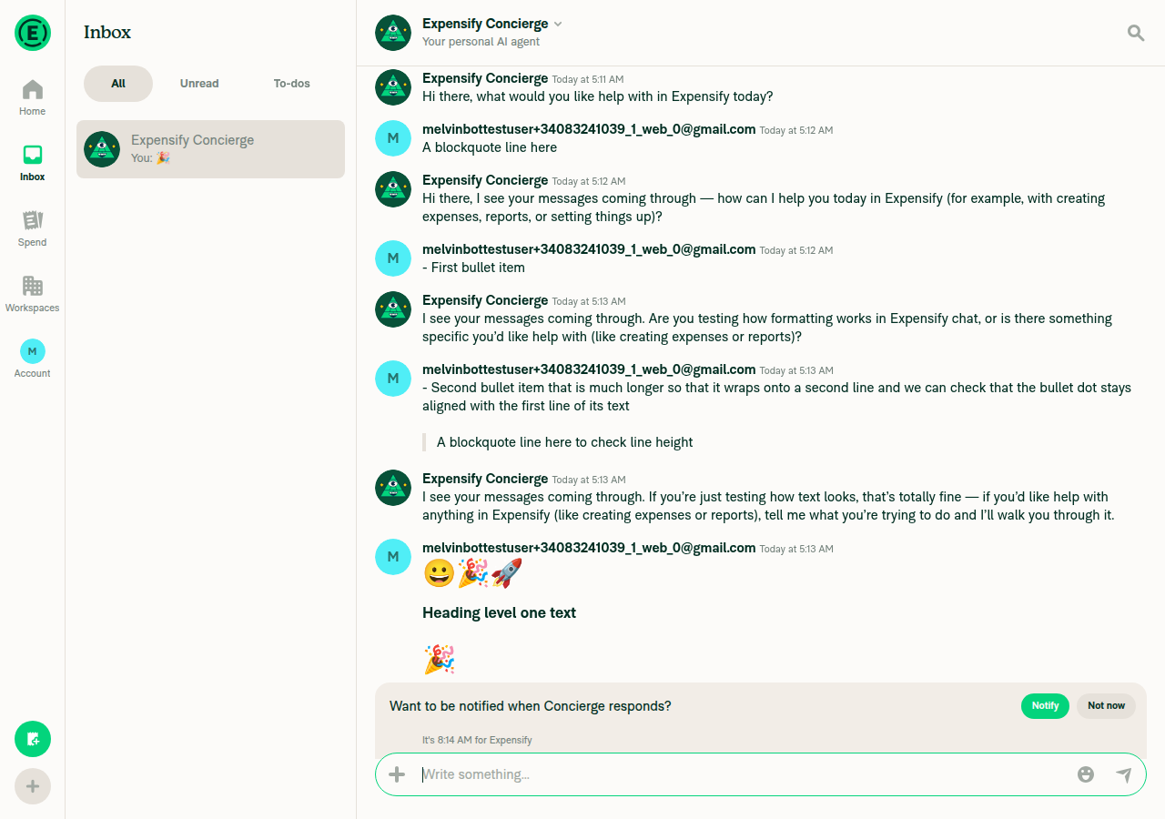 Chat with # heading, blockquote, emoji-only messages and literal dash text