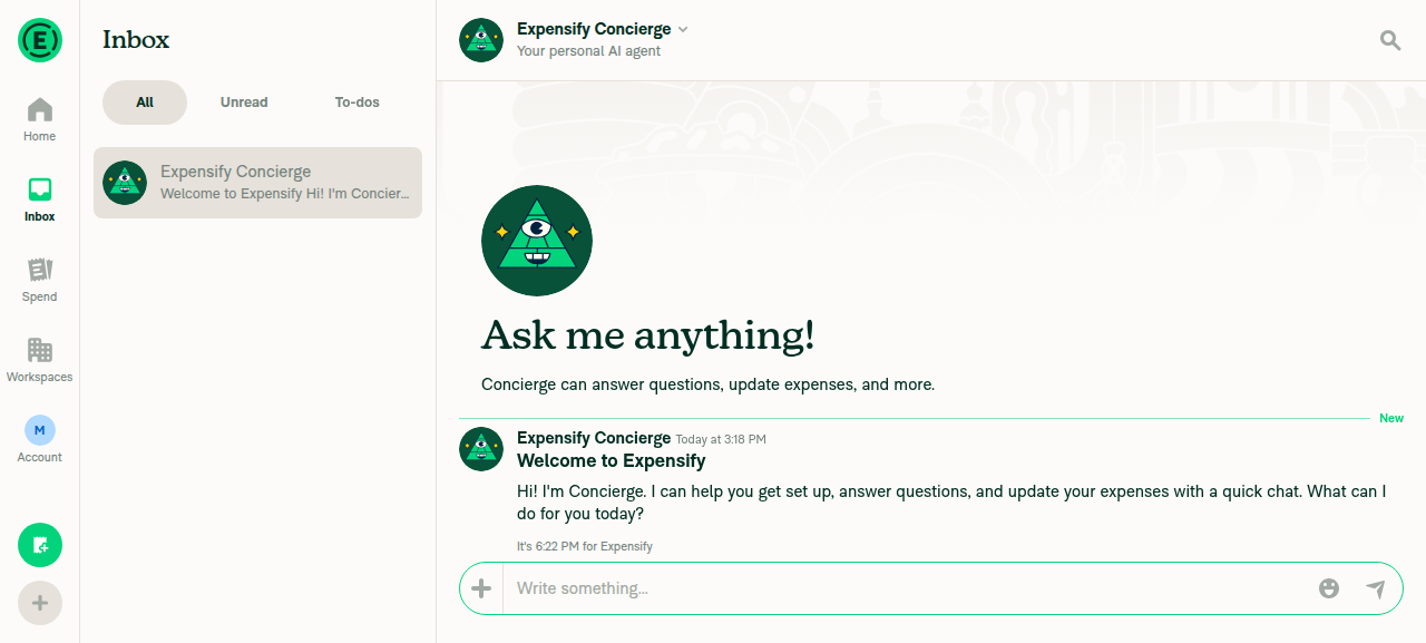 Concierge chat opened from Inbox after sign-in