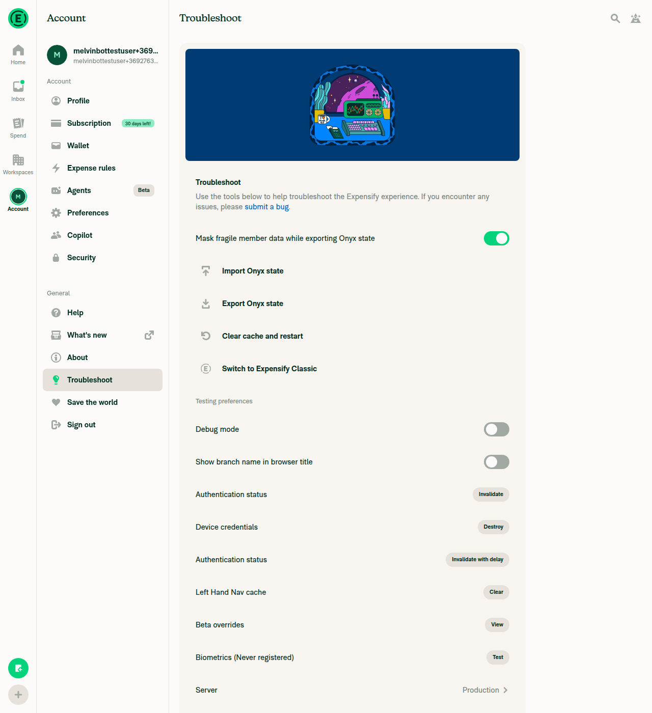 Troubleshoot page after Clear cache and restart, signed in