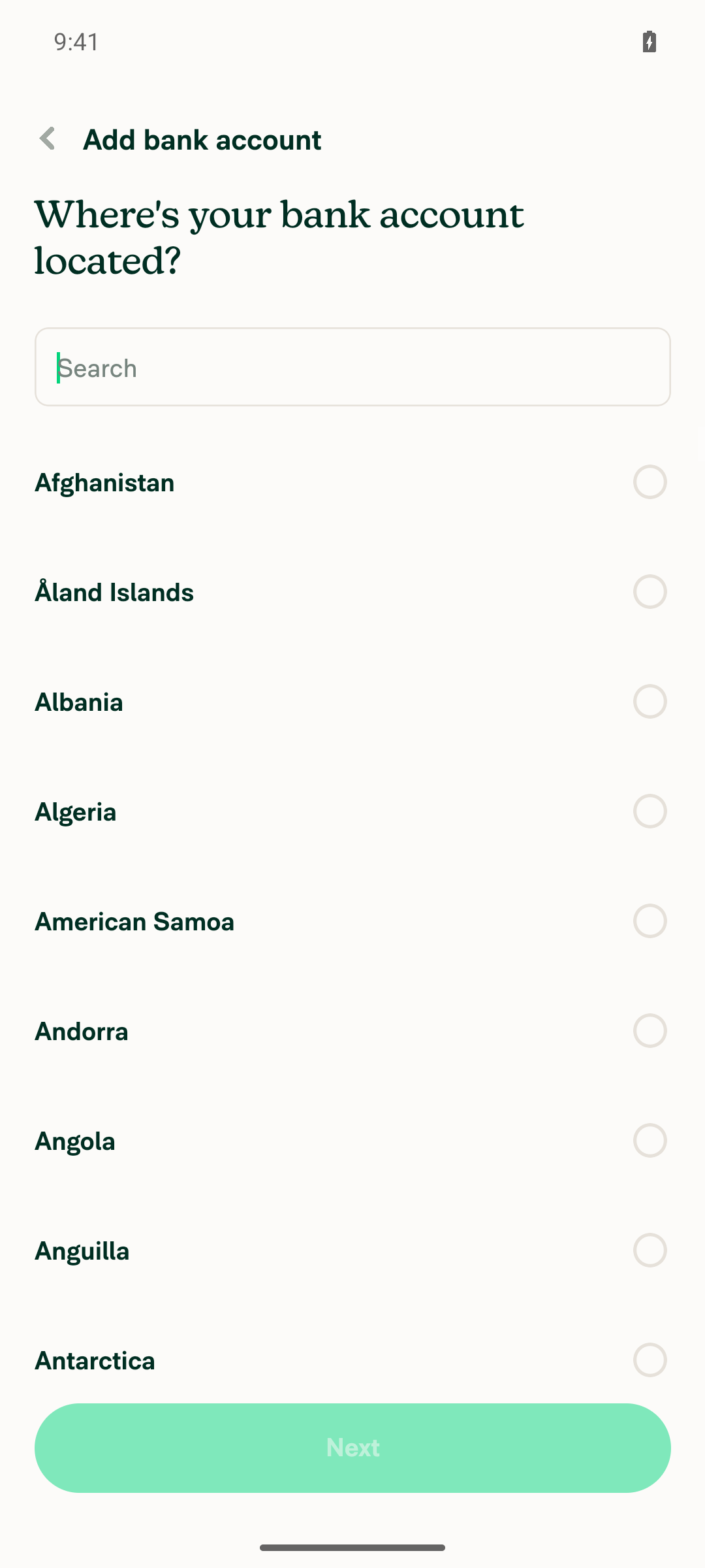 Collect Deposit Account page right after navigation, single header, country selector loaded