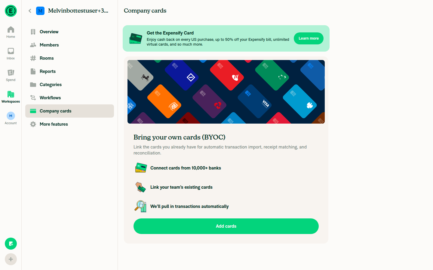 Workspace settings > Company cards page with Add cards button