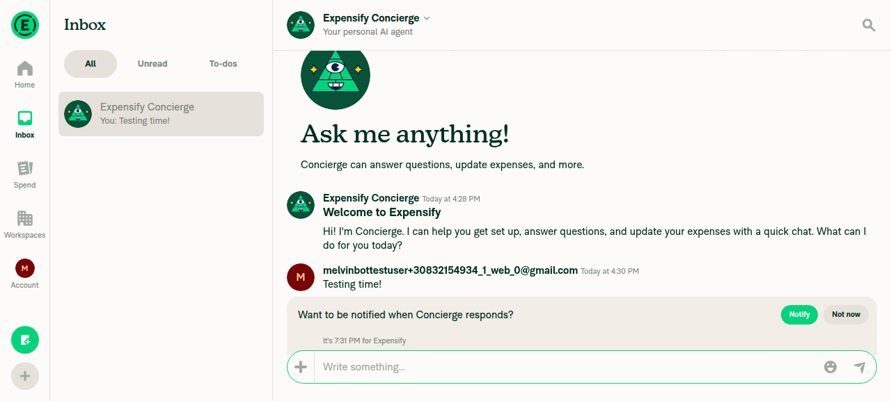 Concierge conversation showing sent message 'Testing time!' from the test user, with inbox list preview updated to 'You: Testing time!'