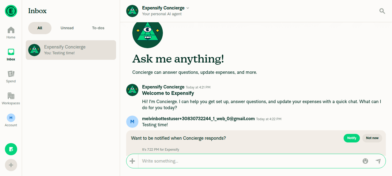 Concierge chat showing the sent 'Testing time!' message
