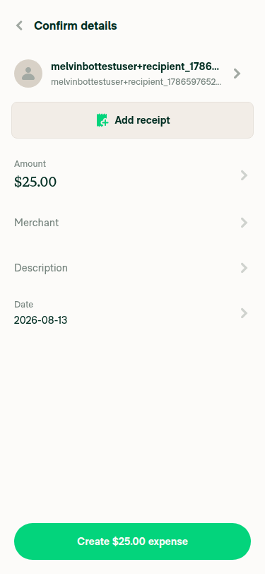 Confirm details page with $25.00 amount and new recipient before tapping Create expense
