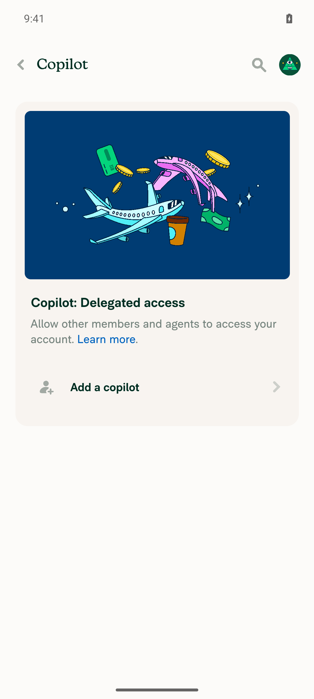 Copilot: Delegated access page with no copilots listed, only 'Add a copilot'