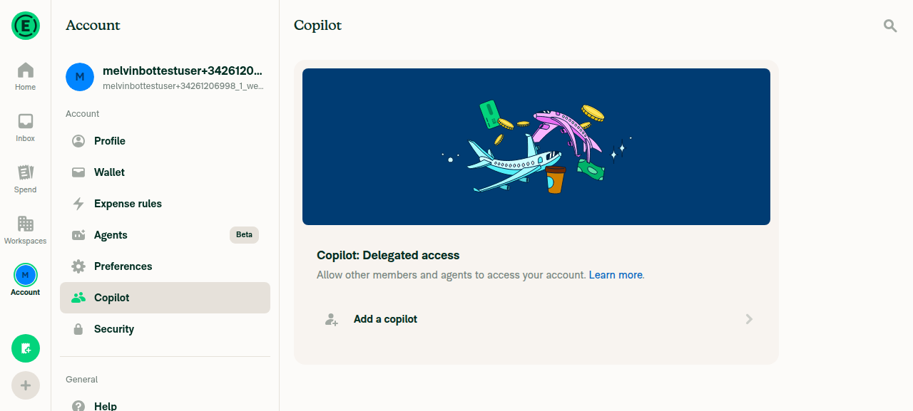 Account > Copilot page on dev NewDot web showing Copilot: Delegated access with only an 'Add a copilot' row and no existing copilot
