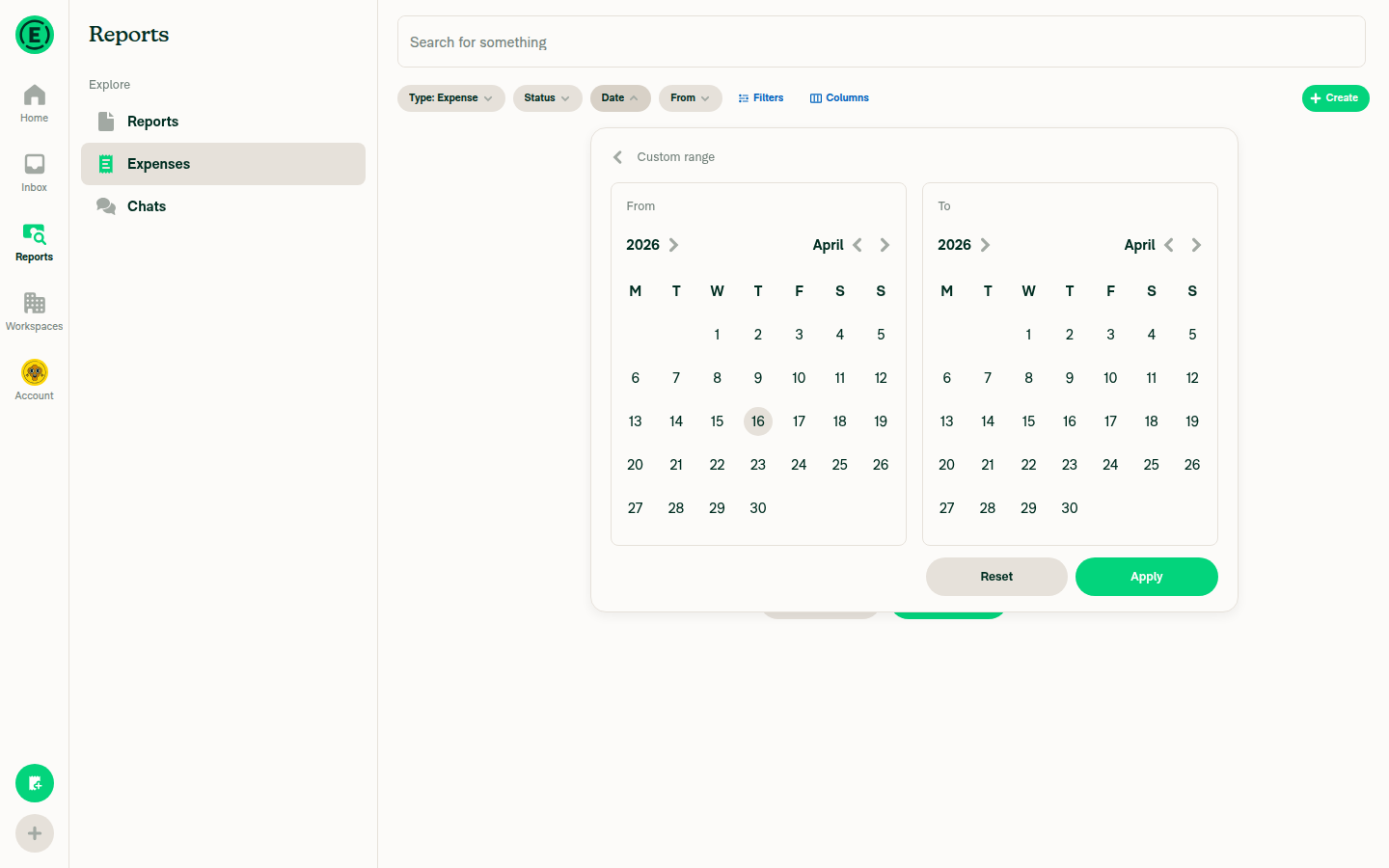 Custom range dialog initial state with From and To calendars