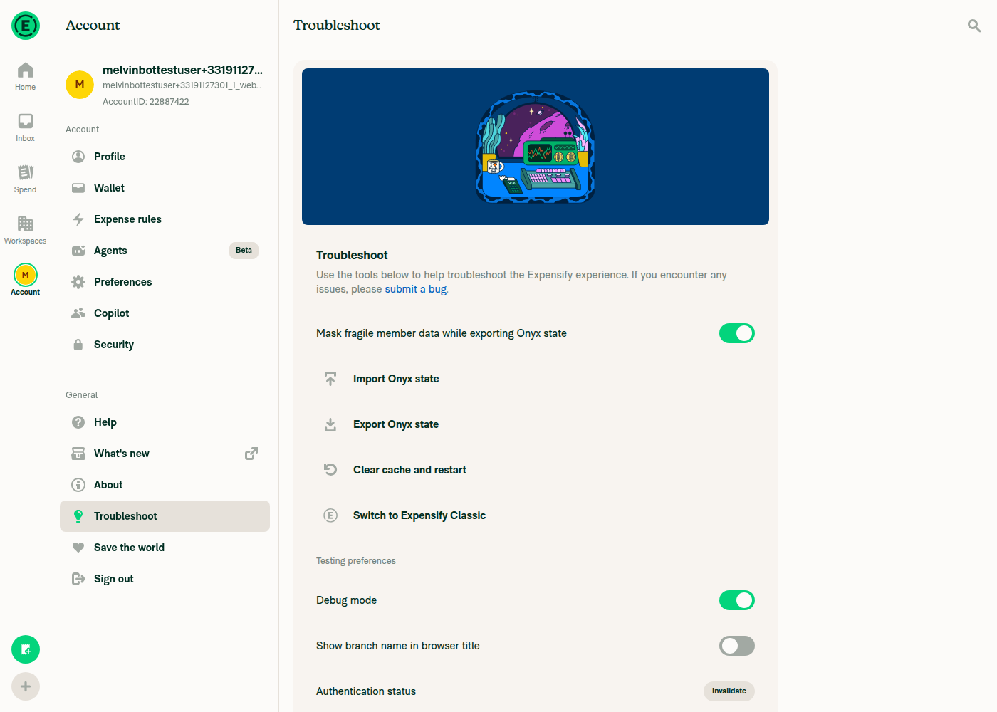 Debug mode toggled on in Account > Troubleshoot
