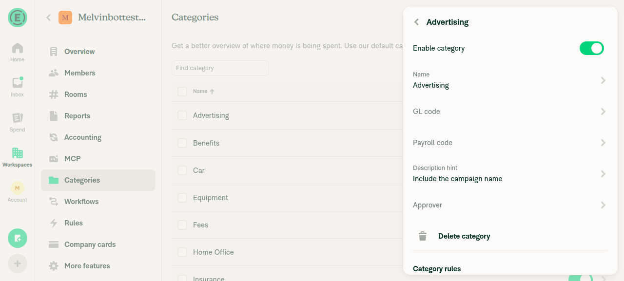 Advertising category showing saved Description hint