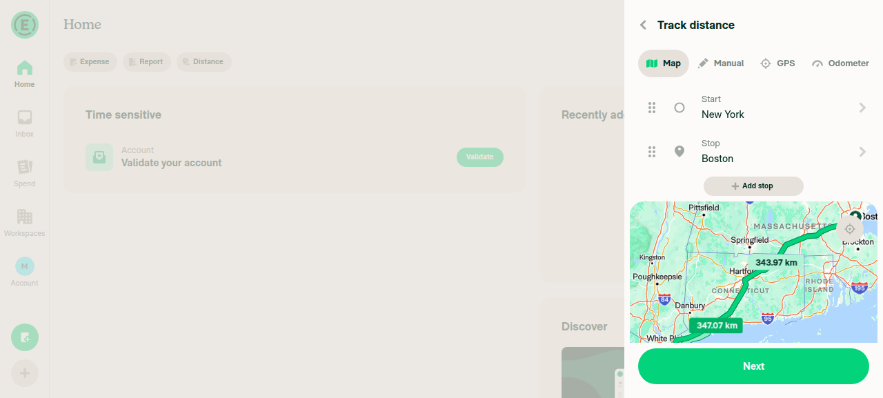 Distance map with app language English — all place/road labels in English