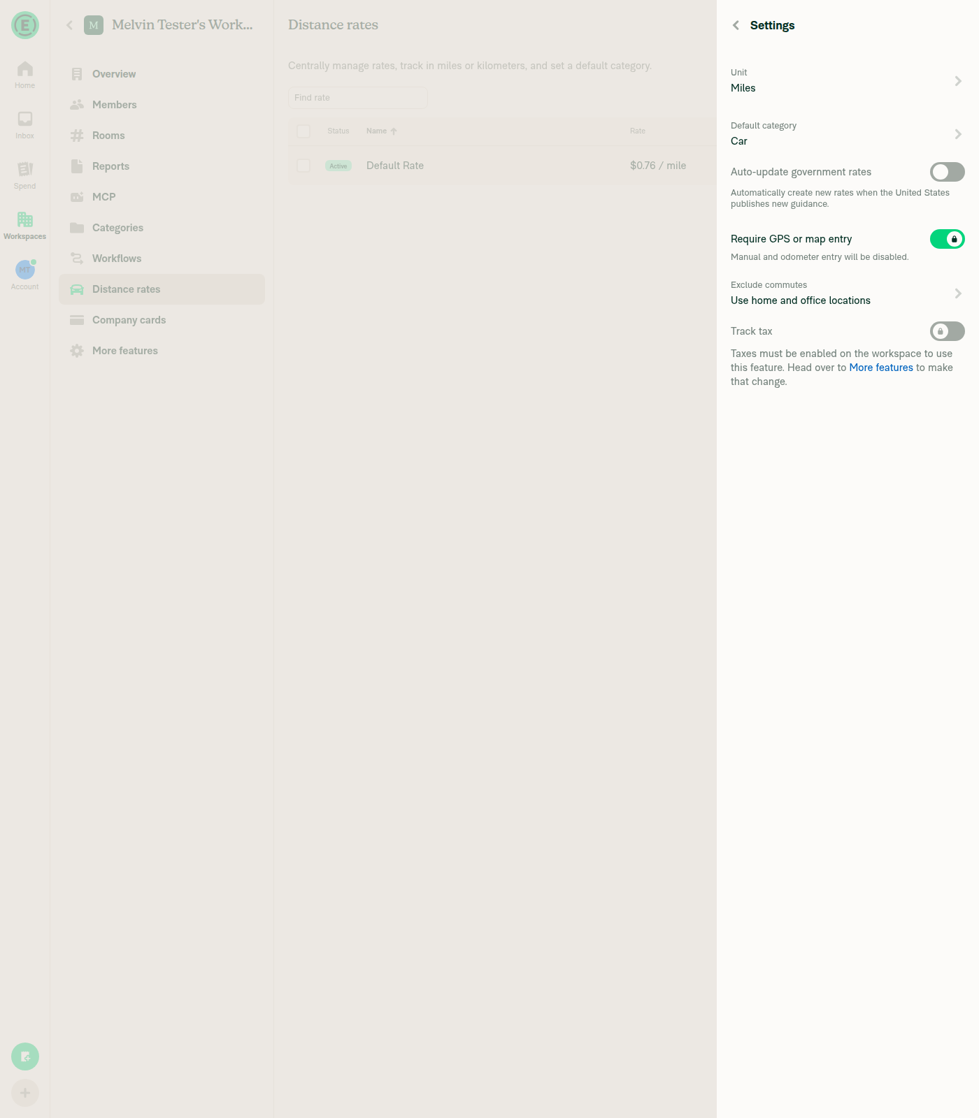 Workspace Distance rates settings: Exclude commutes = Use home and office locations, Require GPS or map entry locked on