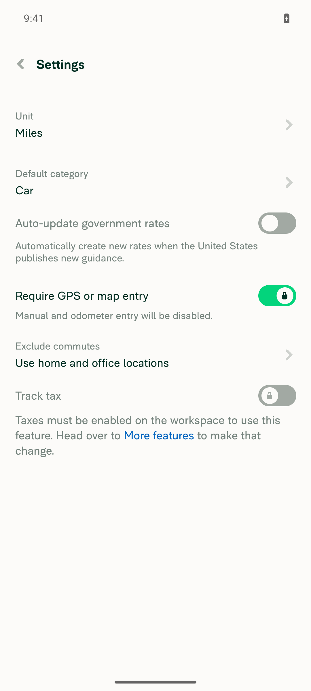 Workspace Distance rates Settings showing Exclude commutes = 'Use home and office locations'