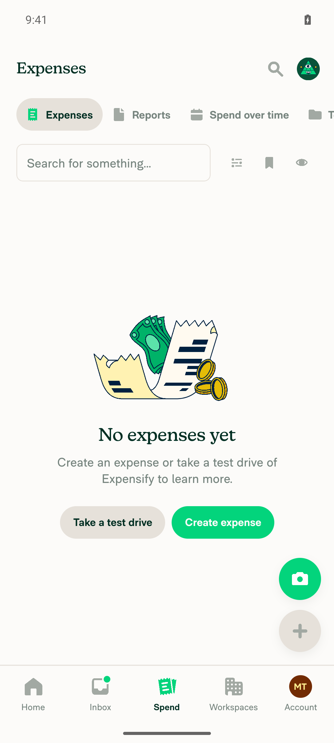 Spend > Expenses on Android before seeding: narrow layout empty state No expenses yet