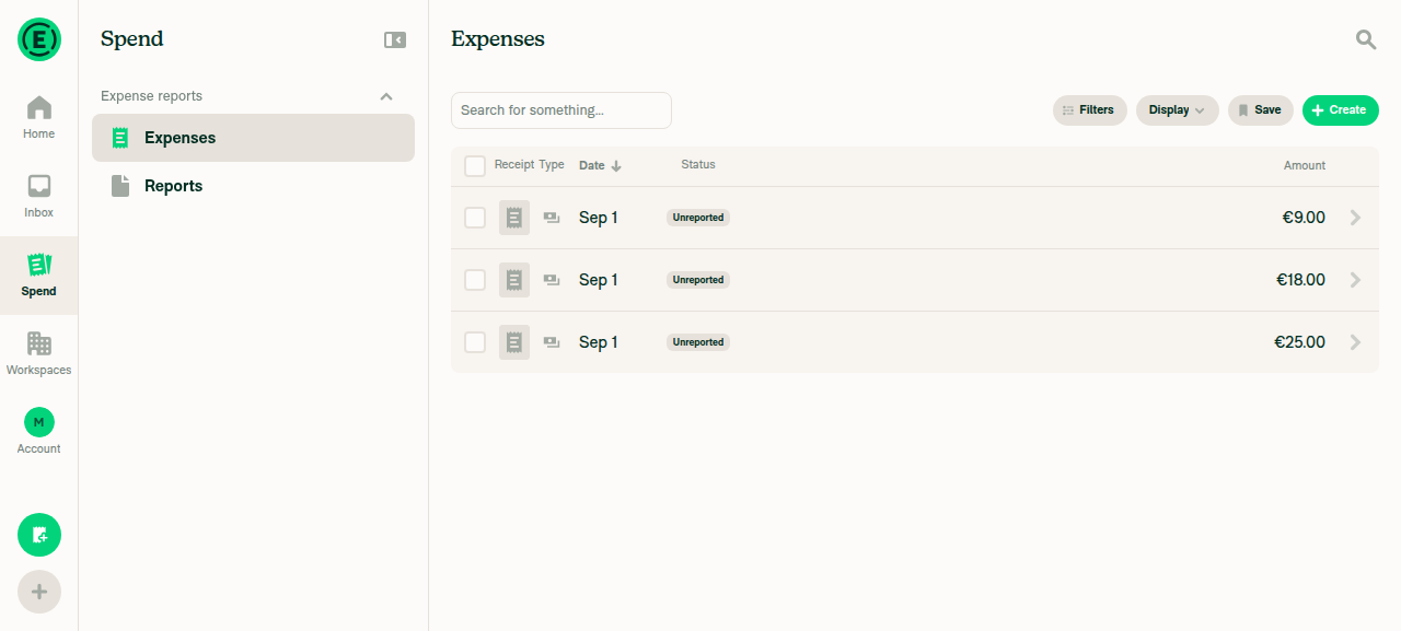 Spend > Expenses with 3 rows and select-all checkbox