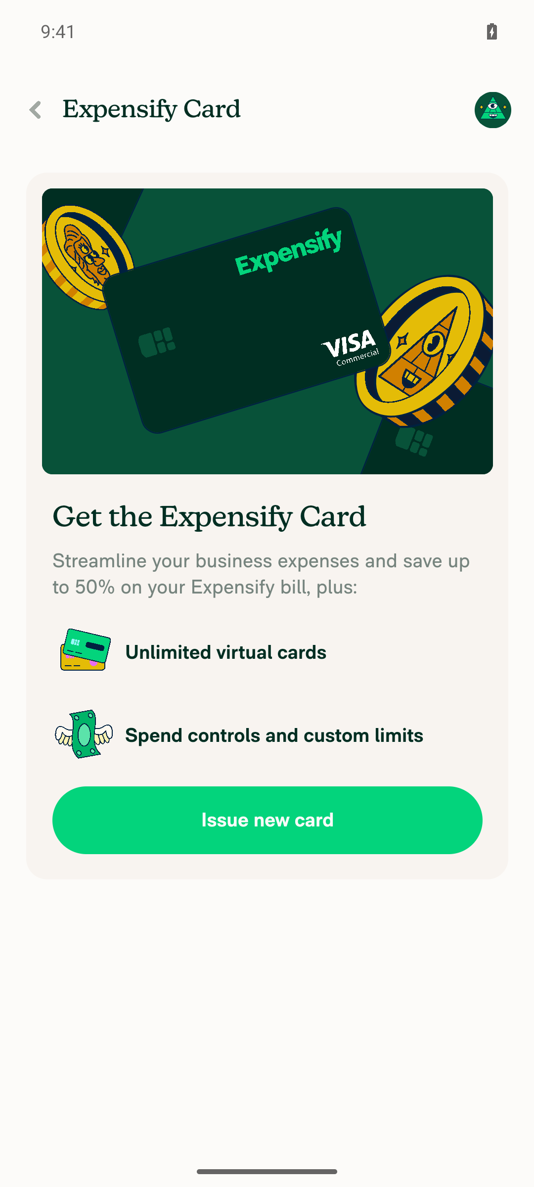 Expensify Card page empty state (no feeds) on Android