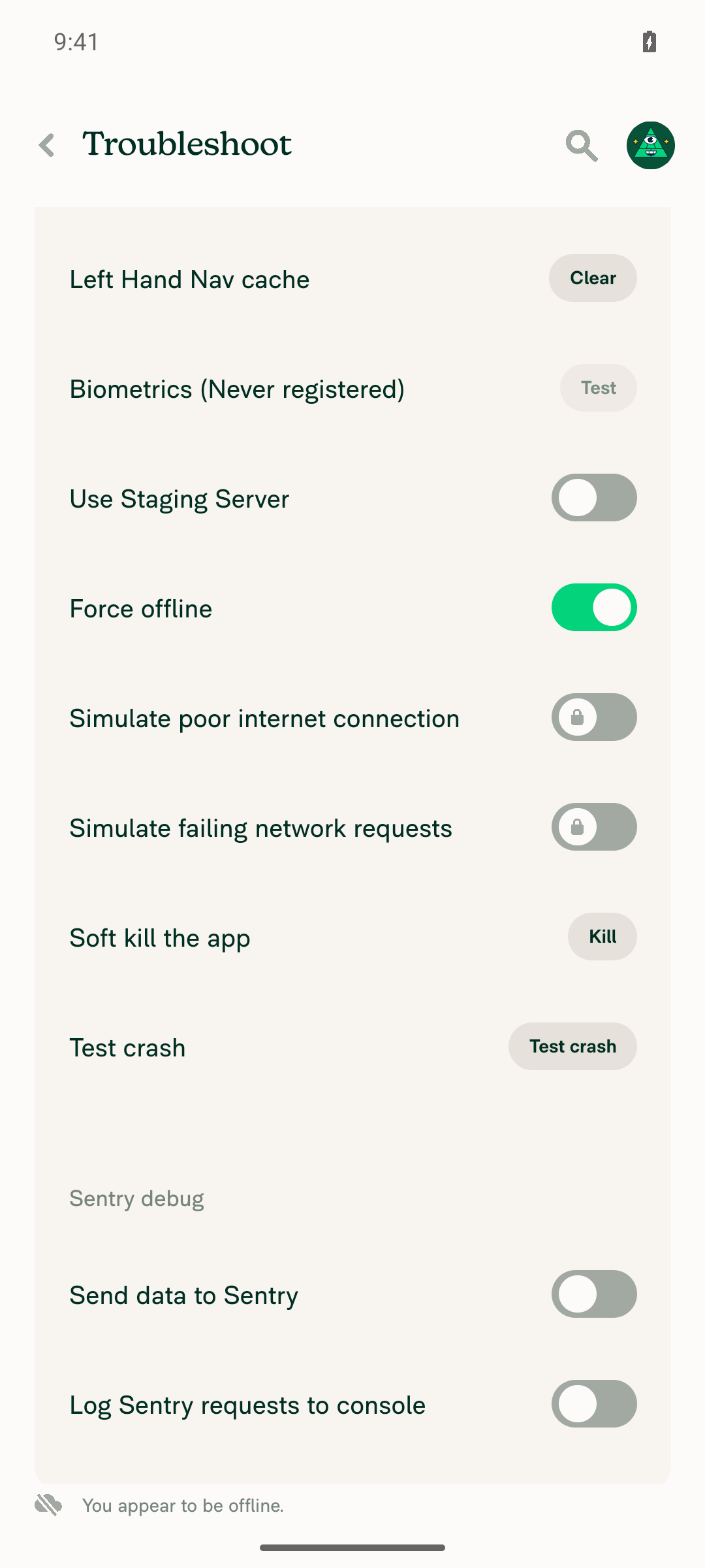 Troubleshoot page with Force offline ON and offline indicator