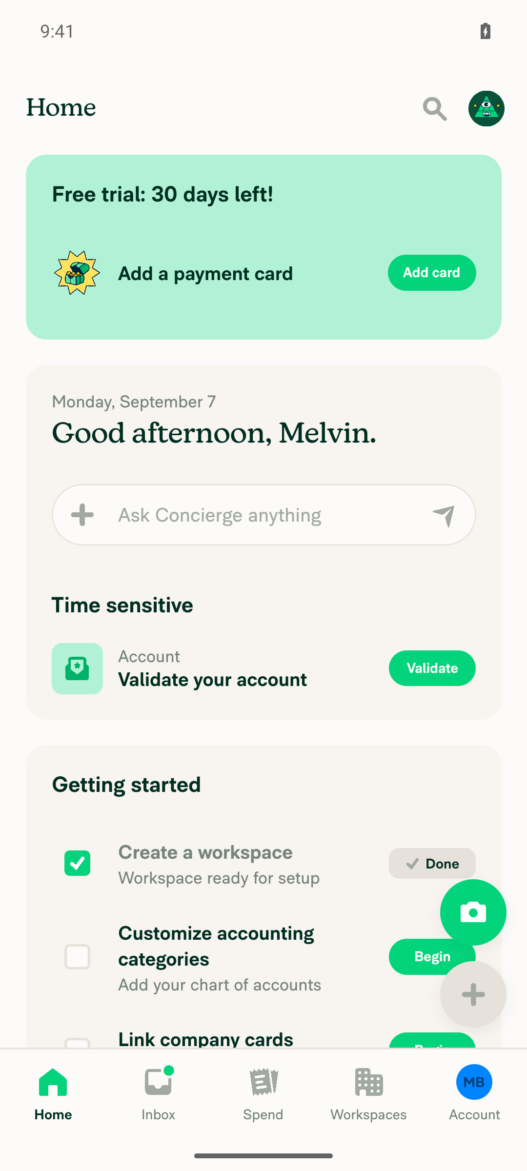 Home screen with greeting and getting-started checklist