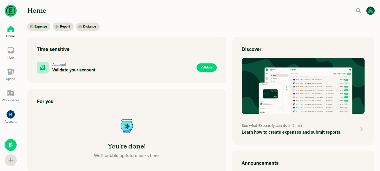 Expensify App Home screen after sign-in on dev NewDot web