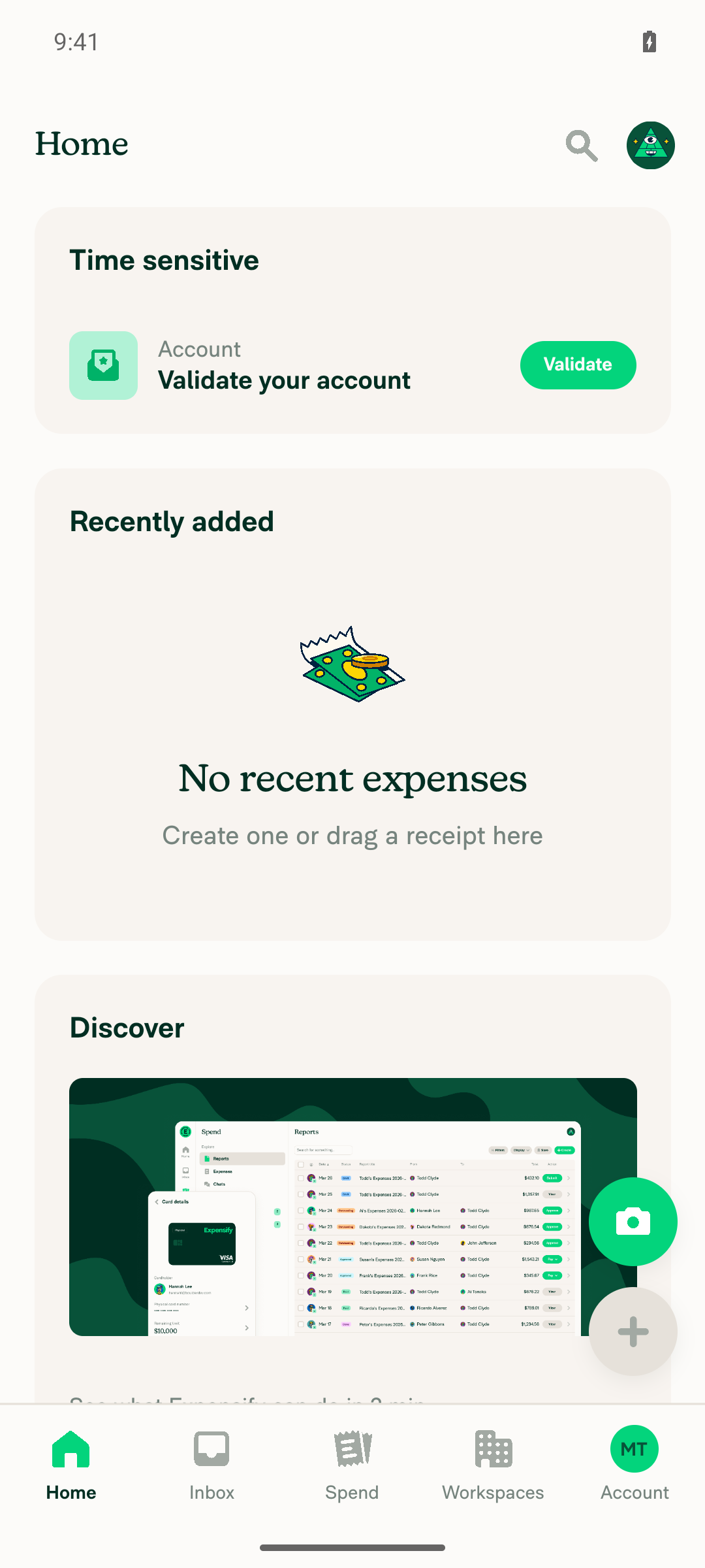 Expensify Android Home screen showing Time sensitive validate-account card, Recently added (no recent expenses), Discover section, and bottom nav with Home tab active