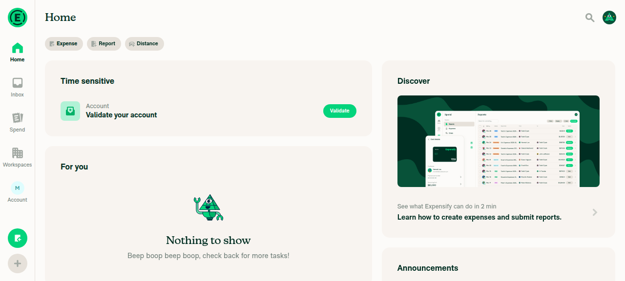 Home screen of the Expensify App web build after sign-in