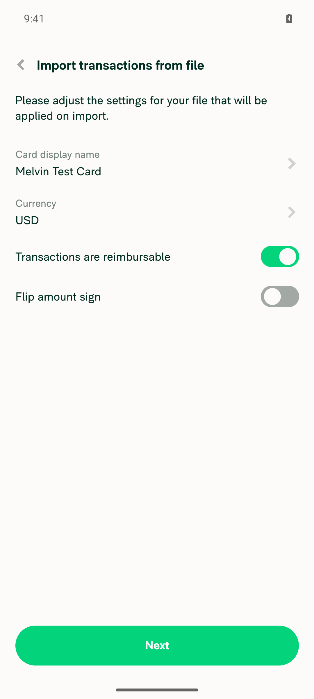 Import settings with Transactions are reimbursable toggle ON (default)