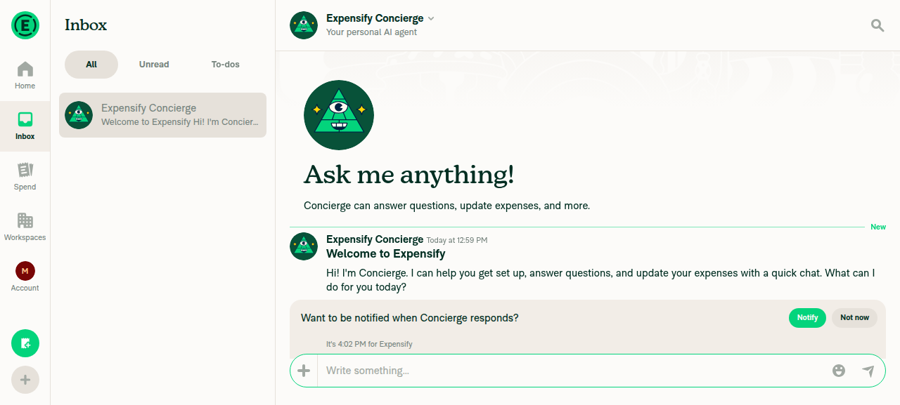Loaded Inbox with Concierge chat, no loading skeleton